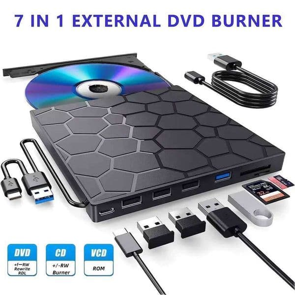 Portable Players 7 in 1 External CD RW Optical Drives USB 3.0 Type C DVD Burner Reader for PC Desktop Mac Windows Linux