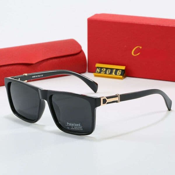 Classic Square Polarized Sunglasses Black Frame with Gold Metal Accent Dark Grey Lens UV400 Full Protection