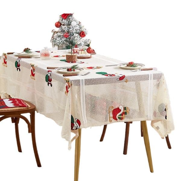 Christmas Lace Tablecloth 140x200cm Embroidery Dining Table Cover for Holiday Party Home Decoration