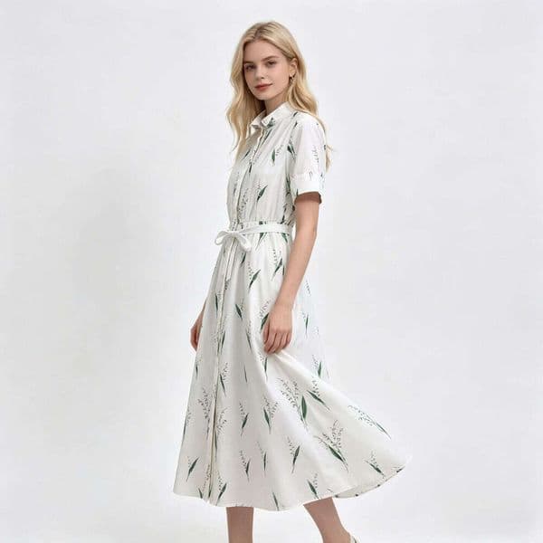 Summer new fashionable and versatile women's clothing, designer leaf print straight print bow big hem dress