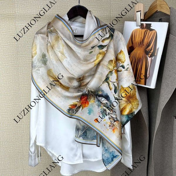 Premium 100% Silk Designer Style Satin Long Mulberry Shawl Dress Cheongsam Silk Scarf Floral Print