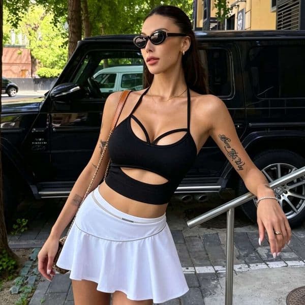 Women Ribbed Halter Neck Crop Top Cutout Yoga Top Swimwear Workout Casual Tank Top Back Bra Yoga Clothing Slim-Fit Sport YogaLadies Hollow-Out Sports Underwear