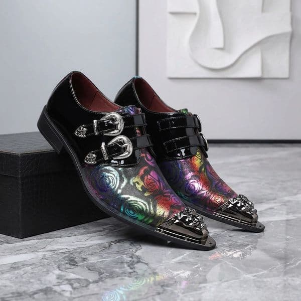 Luxury Men Dress Shoes Luxury Golden Prints Handmade Leather Shoes for Men Mixed Color Metal Pointed Toe Lace-up Loafers Male Business Leisure Shoes eur39-48