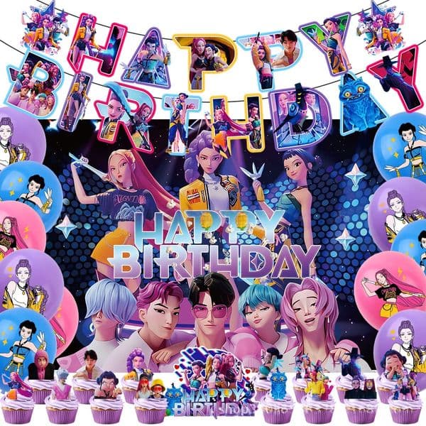 New k-pop Devil Hunter Hunter Girls Theme Birthday Party Decoration Anime Backdrop Wall Decoration Banner Balloon Set