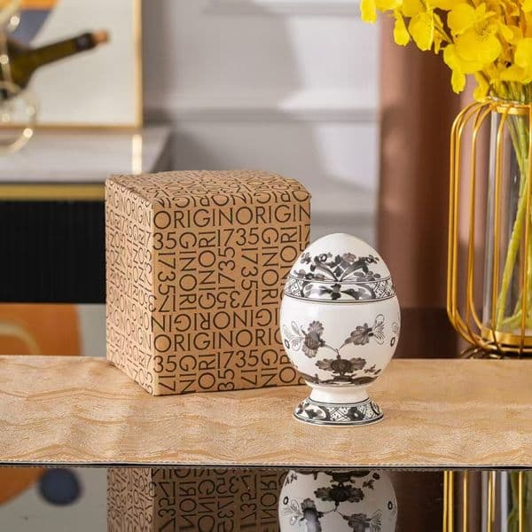 Black Floral Print Ceramic Egg Shaped Trinket Jar with Lid Home Decor Jewelry Organizer