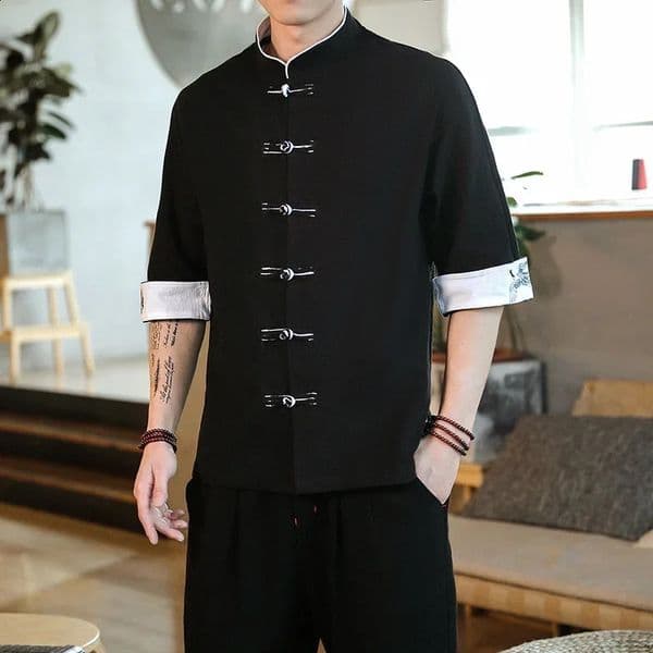 Crane Embroidery Top Traditional Chinese Clothing for Men Vintage Half Sleeve Linen Shirts Solid Madarin Collar Hanfu Kungfu 260421