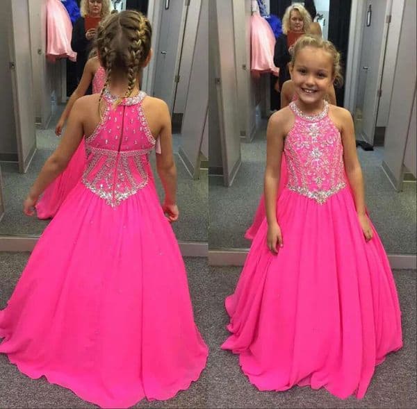 Hotpink Fushcia Little Girls Pageant Dresses Crystals Beadings Chiffon Long Kids Prom Party Gowns Wer Girl Dress Custom Size