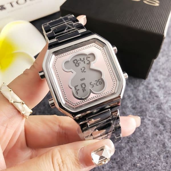 New Korean Design Square Leather Watch with Cute Bear Motif, Trendy Steel Band Women's Watch for Elegant Style