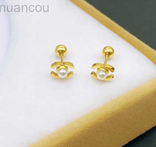 Mini tiny Luxury girl boys designer letter pearl C stud 18K gold silver drop earrings 316L stainless steel woman man jewelry gift daily outfit