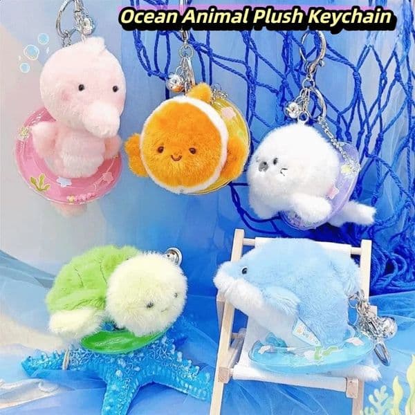 Kawaii Ocean Animal Plush Keychain Seahorse Soft Fluffy Sea Turtle Keyring PP Cotton Simulation Dolphin Doll Birthday Gift 260424