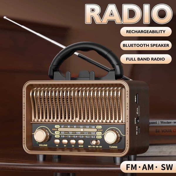 Retro Wireless Radio Portable AM/FM/SW with USB Rechargeable Battery With antenna AUX and TF card playback suitable for home T260424