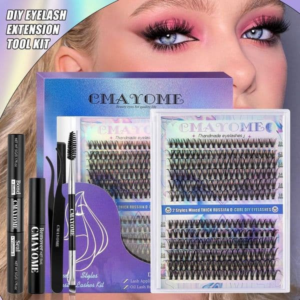 DIY Eyelash Extensions Kit Thick Fluffy Cluster Lashes with Lash Bond and Seal Applicator Handmade Reusable Curling DIY Individual Eyelashes Grafted Lashes
