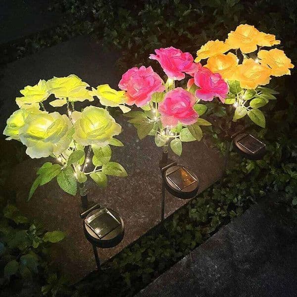 Garden Solar Decorative Light Outdoor Waterproof 7LED Realistic Artificial Rose Flower for Pathway Porch Gravesite Decor