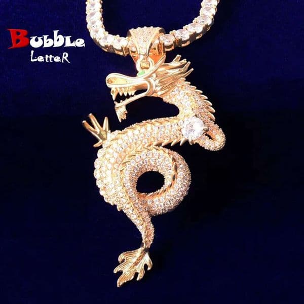 2024 New Cross-Border Zodiac Dragon Chinese Style Personality Retro Gold-Plated Full Zircon Hip-Hop Pendant Necklace
