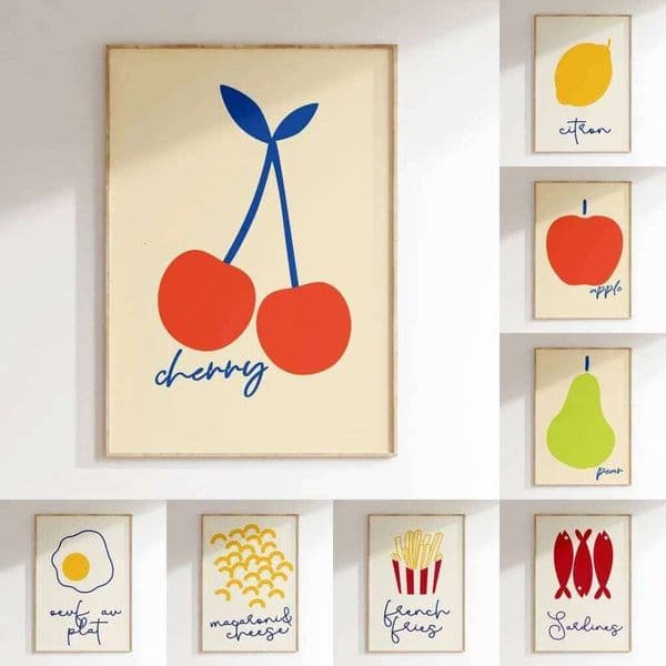 Modern Minimalist Wall Art Print Fruits Food Drinks Canvas Painting Stick Figures Poster Dinning room Kitchen Decor 26L0427