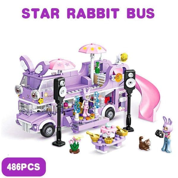 486PCS Double-Storey Star Rabit Bus Building Blocks STEM Friends Figures Flower Christmas Day Purple Color Toys Girls 26W0427