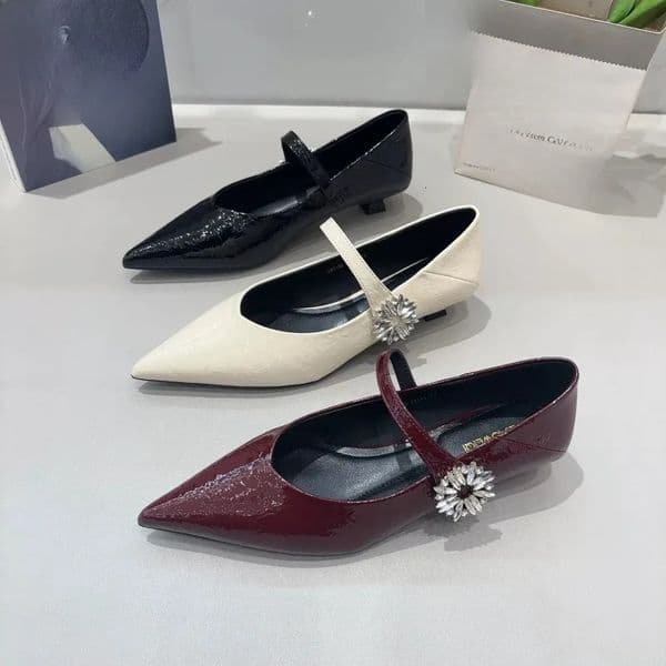 Patent Leather Pointed Toe One Strap Mary Jane Shoes Women 2026 Spring Western Rhinestone 260427