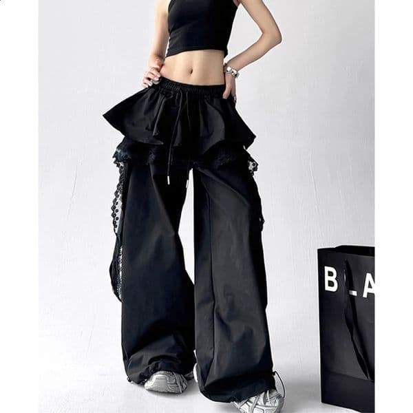 MEXZT Y2K Black Cargo Pants Women Streetwear Lace Patchwork White Wide Leg Pants Summer Gyaru Harajuku Korean Baggy Trousers 260424