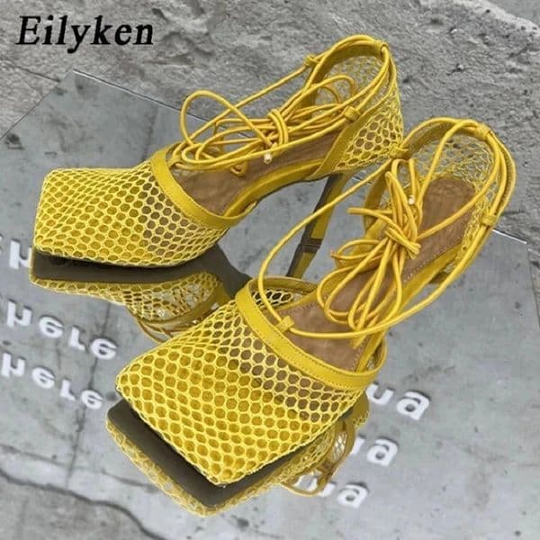 Eilyken Sexy Mesh Pumps Sandals Female Square Toe High Heel Lace Up Cross-Tied Stiletto Hollow Dress Shoes Zapatos Mujer 260427