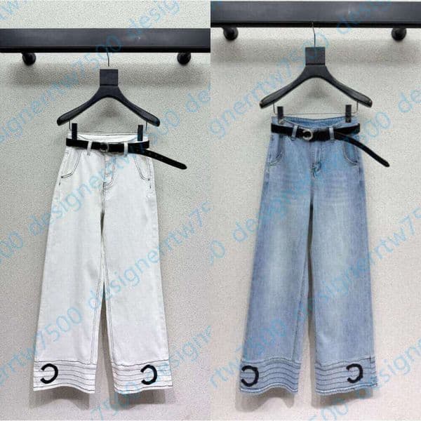 Wide Leg Jeans designer women clothes Hem Stripes With Embroidered Brand Logo Wide Leg Jeans for Women High Waisted Denim Pants Black Belt Fashion designer jeans SML
