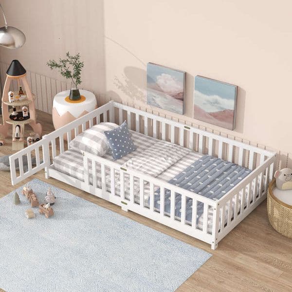 Twin Size Fence and Door,Rubber Wood Floor Bed with Safety Guardrails,White (Old Sku W504P286373)