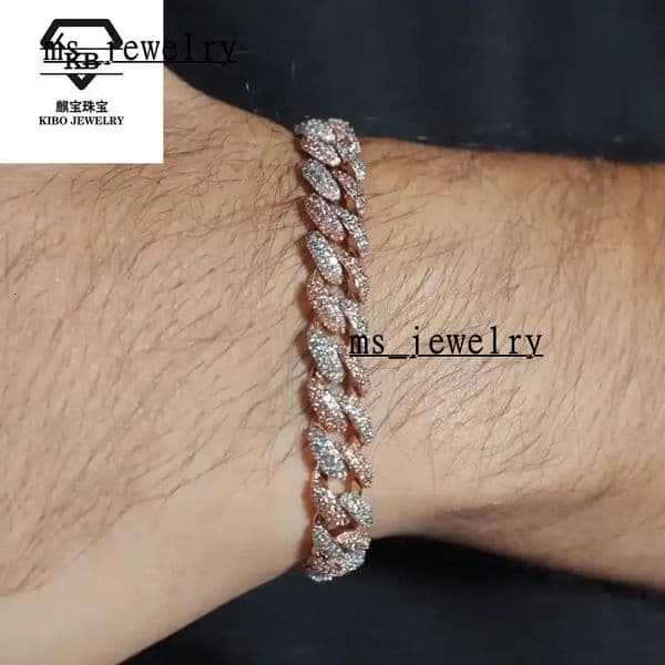 Hip Hop Men Bracelet Two Tone 8mm Sterling Silver Miami VVS Moissanite Cuban Link Bracelet