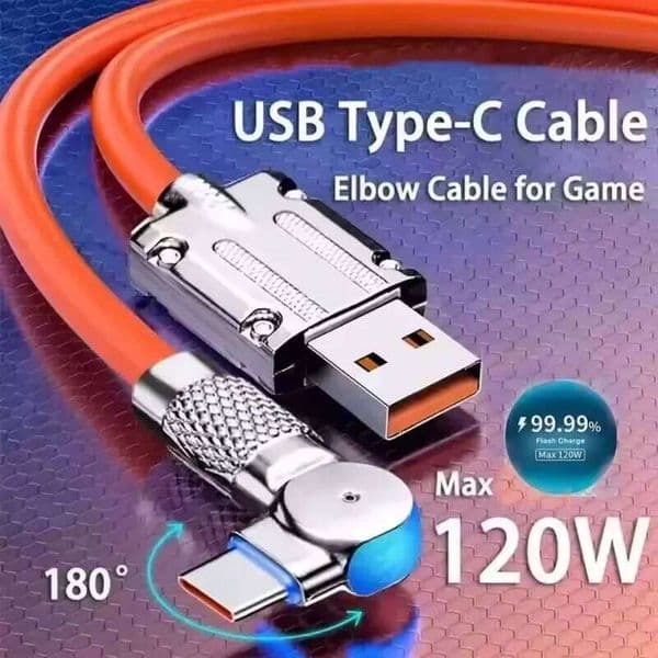 USB Charger 120W 7A Silicone Cable 180 Rotating Ultra Fast Charging Type C Wire Cord For iPhone Xiaomi Huawei Samsung