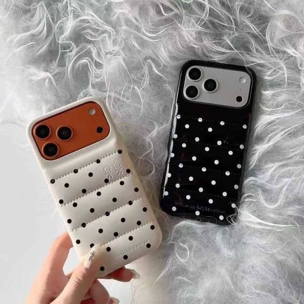 Cute fashion leather 3D black and white polka dots down Jacket Shockproof Phone Case for IPhone17 16 15 14ProMax Anti-drop Cover T260424