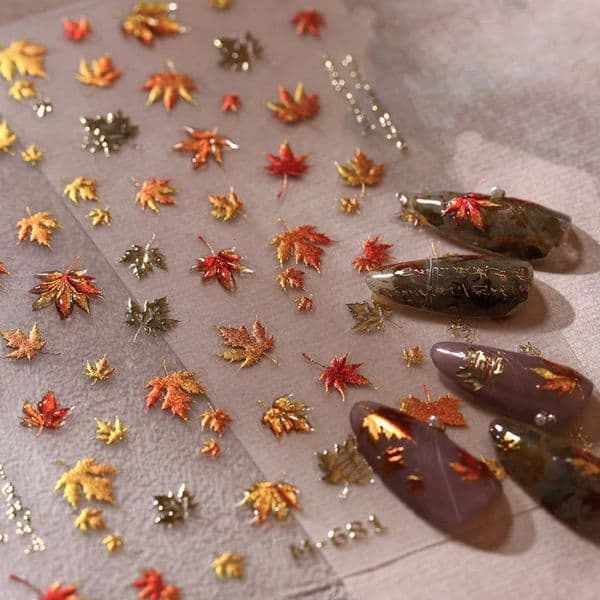 5D Relief Shiny Golden Jelly Autumn Maple Leaf Story Adhesive Nail Art Stickers Decals Manicure Gorgeous Ornaments Supplier 260427