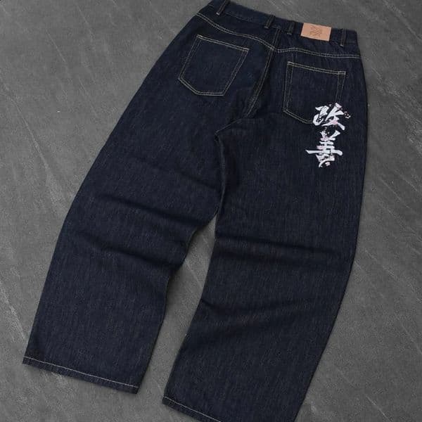 Fromszn raw baggy jeans Y2K retro art font embroidery black jeans Harajuku hip hop unisex woven washed patchwork wide leg pants 260424