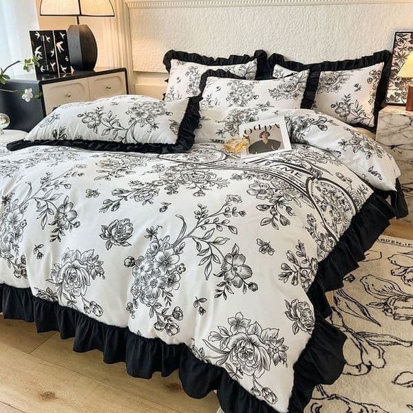 French Style Romantic Floral Hepburn Inspired Black Lace Luxury Bedding Four Three Piece Set Matching Duvet Cover Babypets