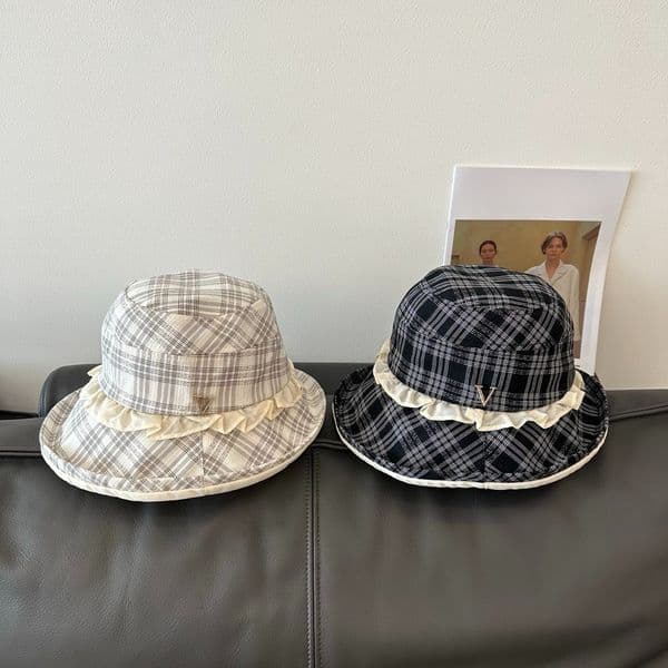 Plaid Ruffle Trim Bucket Hat for Women Designer Bucket Hat Preppy Style Wide Brim UV Protection Sun Hat Casual Summer Fisherman Cap
