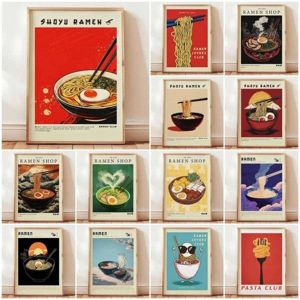 Ramen Poster, Japanese Noodle Soup Wall Art Print, Retro Sunset Style, Kitchen Decor, Asian Food Artwork, Unframed Illustration 26L0427