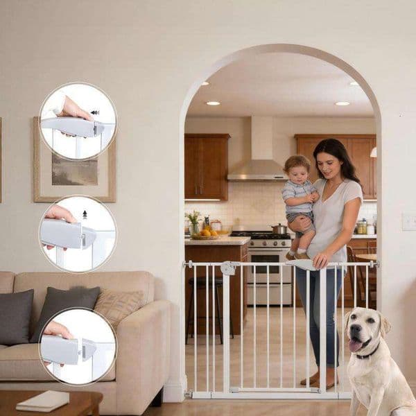 Double door baby safe for stairs doorways,adjustable 75-115 cm(29.53''-45.3''),walk through safety with extension kits,auto close,pressure mounted,white metal child & pet gate