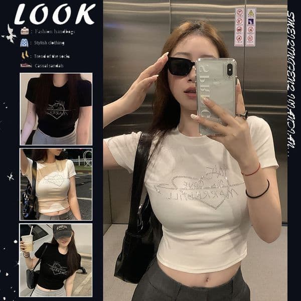 Designer T-shirt Luxury American Rhinestone Decoration Short Sleeved Women's Short Sleeved Top Summer New Outdoor Casual Slim Fit Short Width Sports Base Shirt