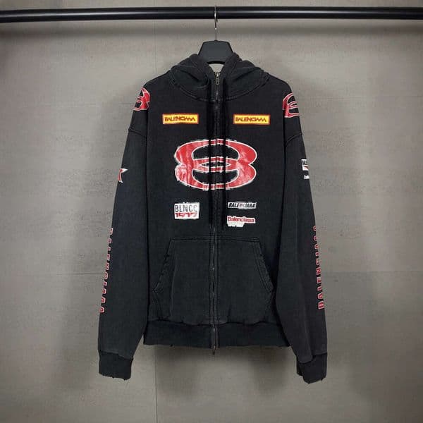 Designer 2026 High-end version of the new double-ring logo racing suit printed distressed zip-up hoodie luxury Free Shipping