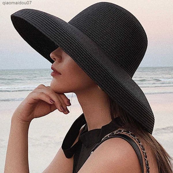 HT2303 2023 New Summer Sun Hats Ladies Solid Plain Elegant Wide Brim Hat Female Round Top Panama Floppy Straw Beach Hat Women L260427