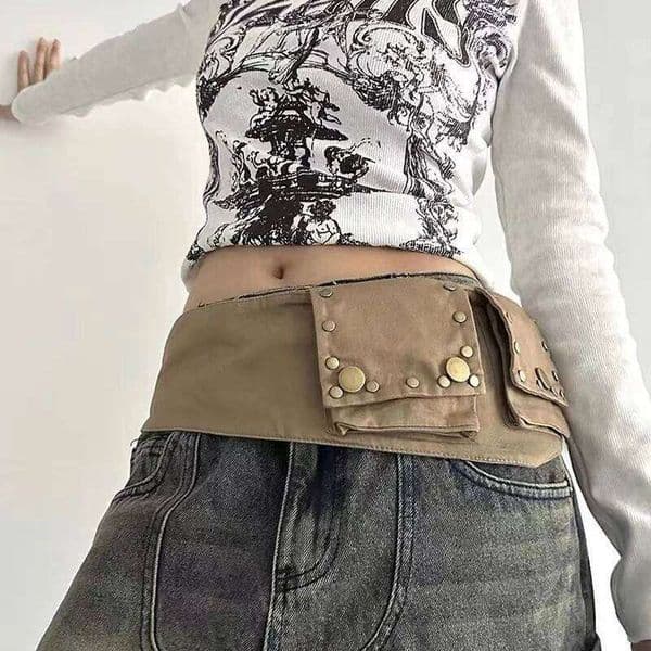 2026 Retro Hip-hop Vintage Western Workwear Waist Bag Brown Denim Alloy Belt Hippie Wasteland Style Fashion Accessory