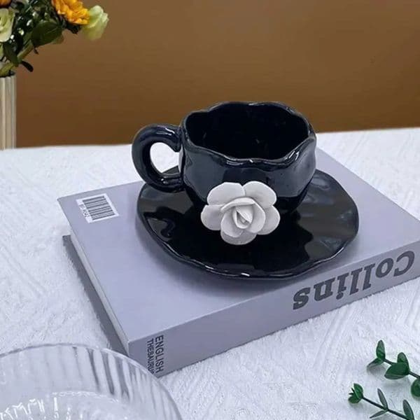 Luxury Designer Decor Luxery Petal Coffee Hand-Pinched White Rose Cups Ceramic And Saucers Creative Home room Afternoon Tea Mug Three-Dimens 6 13