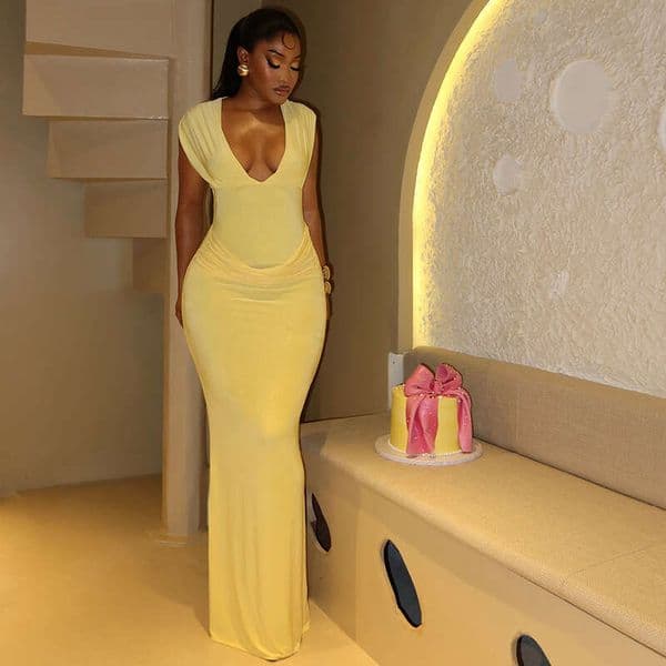 European and American style ins cross-border slim-fit women's for commuting, solid color sleeveless bodycon with V-neck, elegant long dress