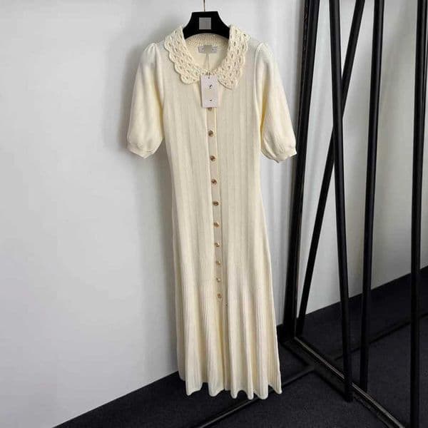 classic Casual Dresses designer Elegant new hollow-out knitted dress doll single-breasted waist-cinching short sleeves dress for women