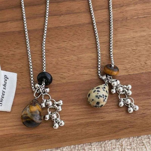 Minar Vintage Dot Natural Stone Tigereye Metal Beads Grape Strand Pendant Necklaces for Women Silver Plated Box Sweater Chain 26W0427