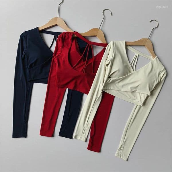 Active Shirts Women's Backless Hollowed-Out Long-Sleeve Yoga Sports T-Shirt Sexy Chest Padded Training Top Naked Feeling Slimming Fitness