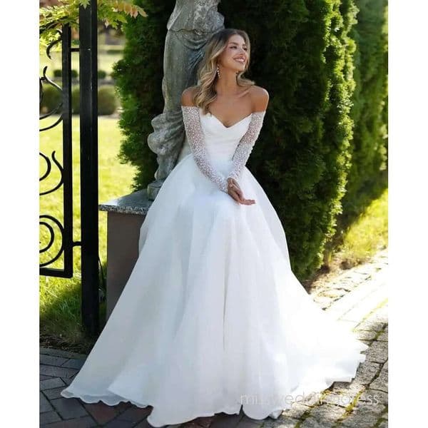 Shiny Beaded Sequined Wedding Dresses 2026 Detachable Long Sleeves Strapless A Line Organza Bride Dress Bridal Gowns Sweep Train Vestidos De Novia