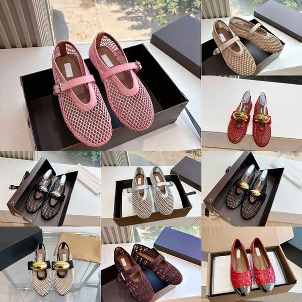 Top Quality Round-toe Mesh Ballet Flats Mary Jane With Strap Loafers Dress Slip On Real Leather Designer Shoe Holiday Shoes de 5a e9