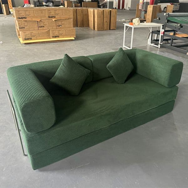 Convertible Two Seat Foldable Sofa Bed | High-Density Foam | King Size | Corduroy Green Cloth | Living Room Bedroom