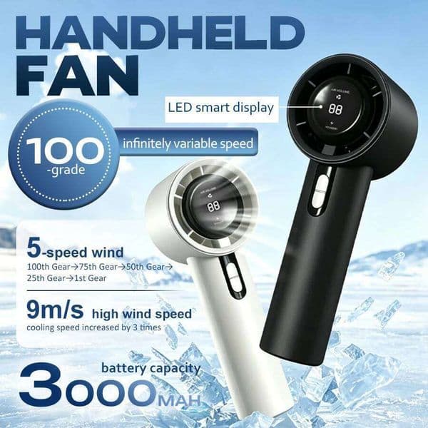 High Speed Handheld Fan, 100 Stepless Speeds, 3000mAh Rechargeable, LED Display, Quiet Powerful, Pocket Fan for Outdoor Use