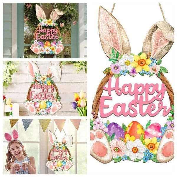 Hot Selling Wooden Door Decor Rabbit Flower Element Wreath Egg Shaped Spring Home Wall Decoration Easter Gift