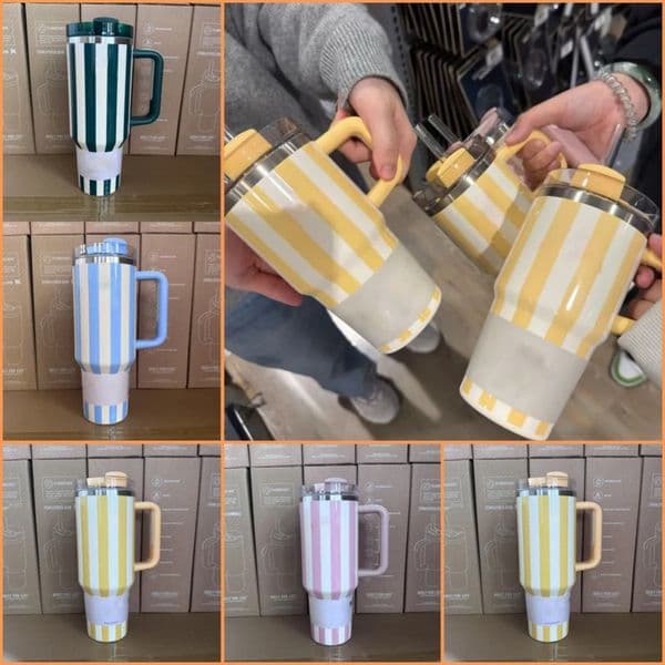 Luxury Designer Decor Kulo 40Oz Insulated Striped Water Cups With Handle And Straw - Cartoon Tattoo Design Cold room Car Mug Decoration For 6 13