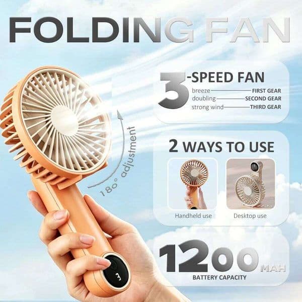 2-in-1 Handheld & Desktop Fan, 3 Speeds, 1200mAh Rechargeable, LED Display, Quiet Powerful, 180° Adjustable, Portable USB Fan
